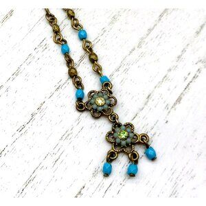 Vintage Gold-Tone Necklace With Turquoise Beads & Floral Pendant Adjustable Chai